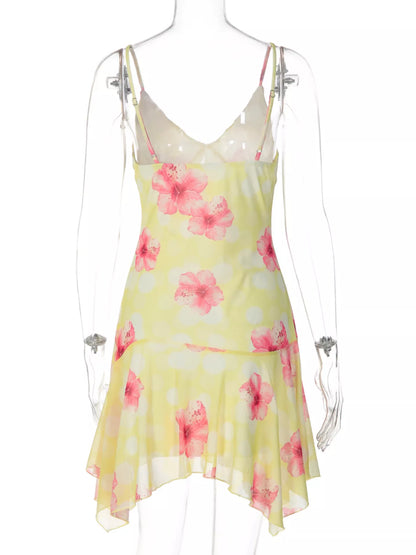 Sheer Floral Print Sleeveless Asymmetrical Mini Dress