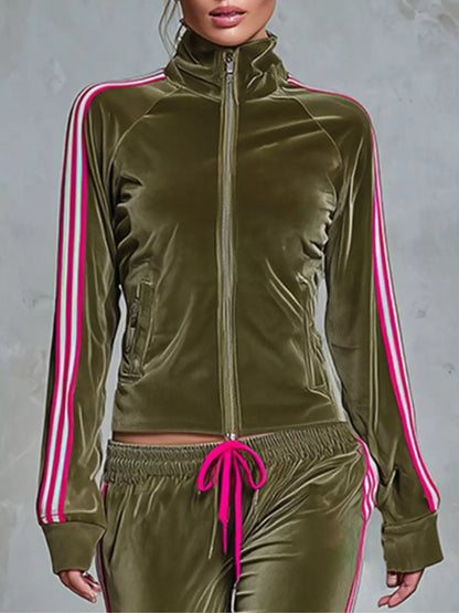Striped Zip Up Outerwear and Pants Set
