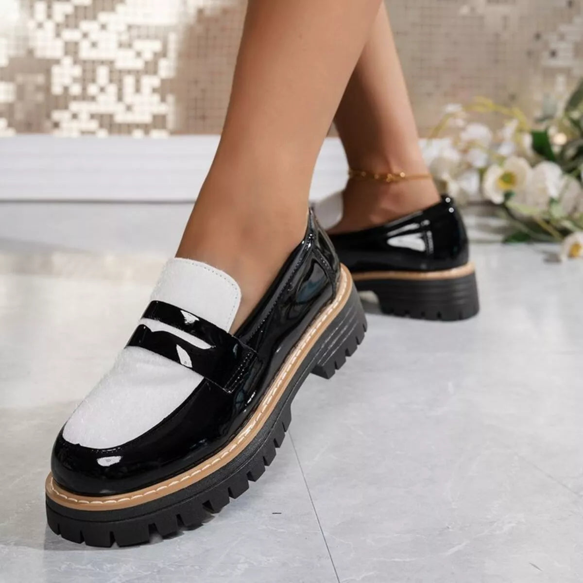 Black platform loafers, view 3