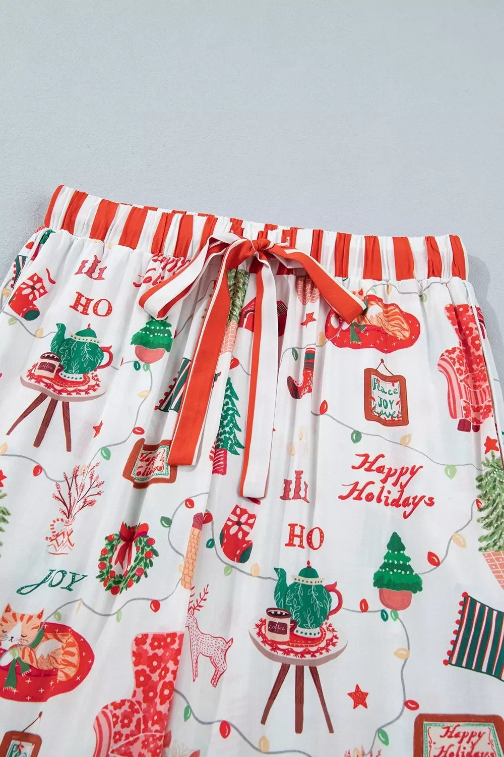 Holiday print pajama set with striped trim, view 13
