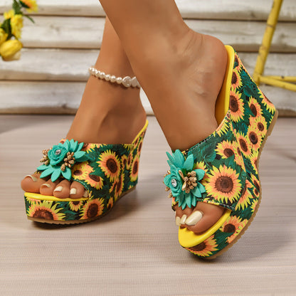 Sunflower Print Wedge Sandals