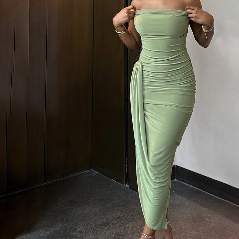 Backless Collar Pleated Slit Dress