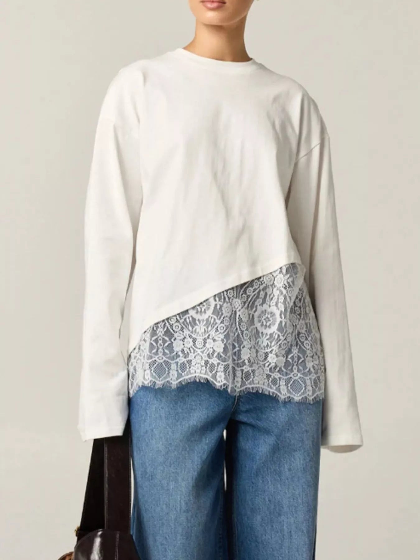 Long-Sleeve T-Shirt with Asymmetric Lace Hem