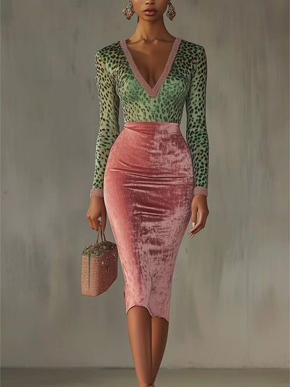 Velvet Leopard Long-Sleeve Midi Dress