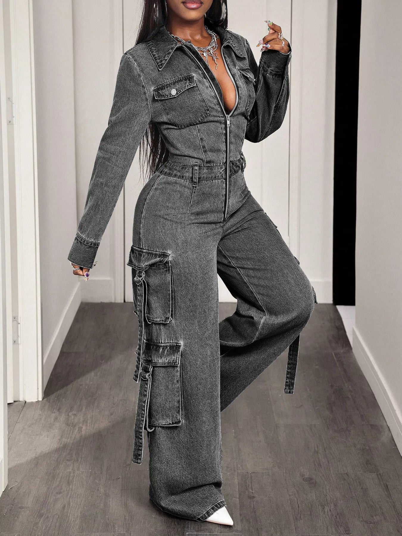 Zip Front Wide Leg Cargo Denim Jumpsuit