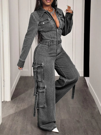 Zip Front Wide Leg Cargo Denim Jumpsuit