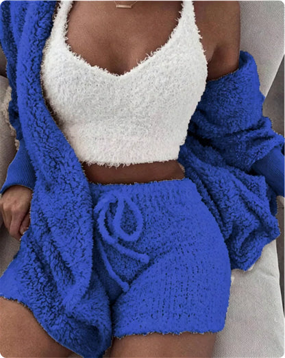 Fuzzy cardigan and shorts set, view 11