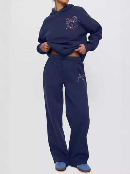 Bow and Heart Dropped Shoulder Hoodie and Pants Set