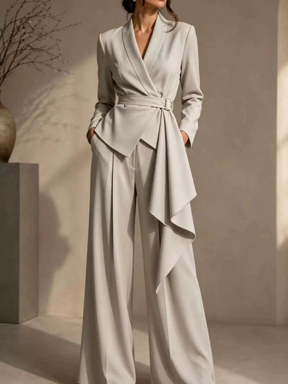 Plus Size Belted Blazer & Wide-Leg Pants Set
