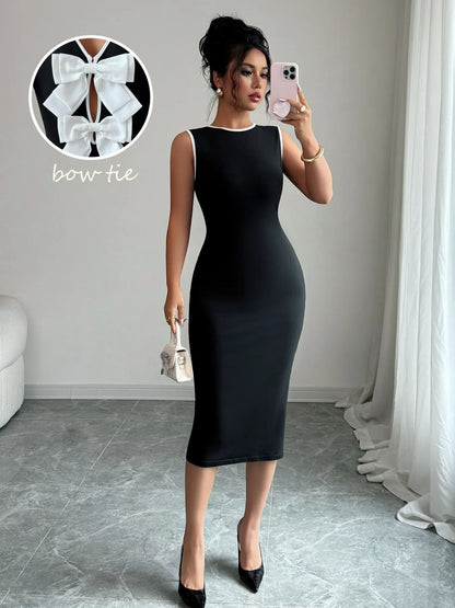 Contrast Bow Back Sleeveless Midi Dress