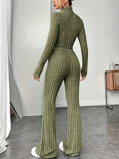Ribbed Turtleneck Crop Top and Flare Pants Sweater Set