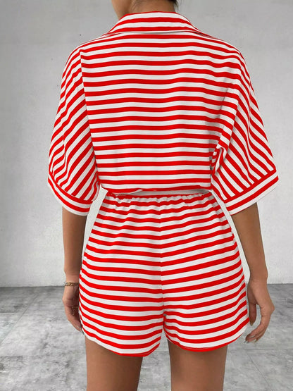 Striped Button Front Half Sleeve Romper