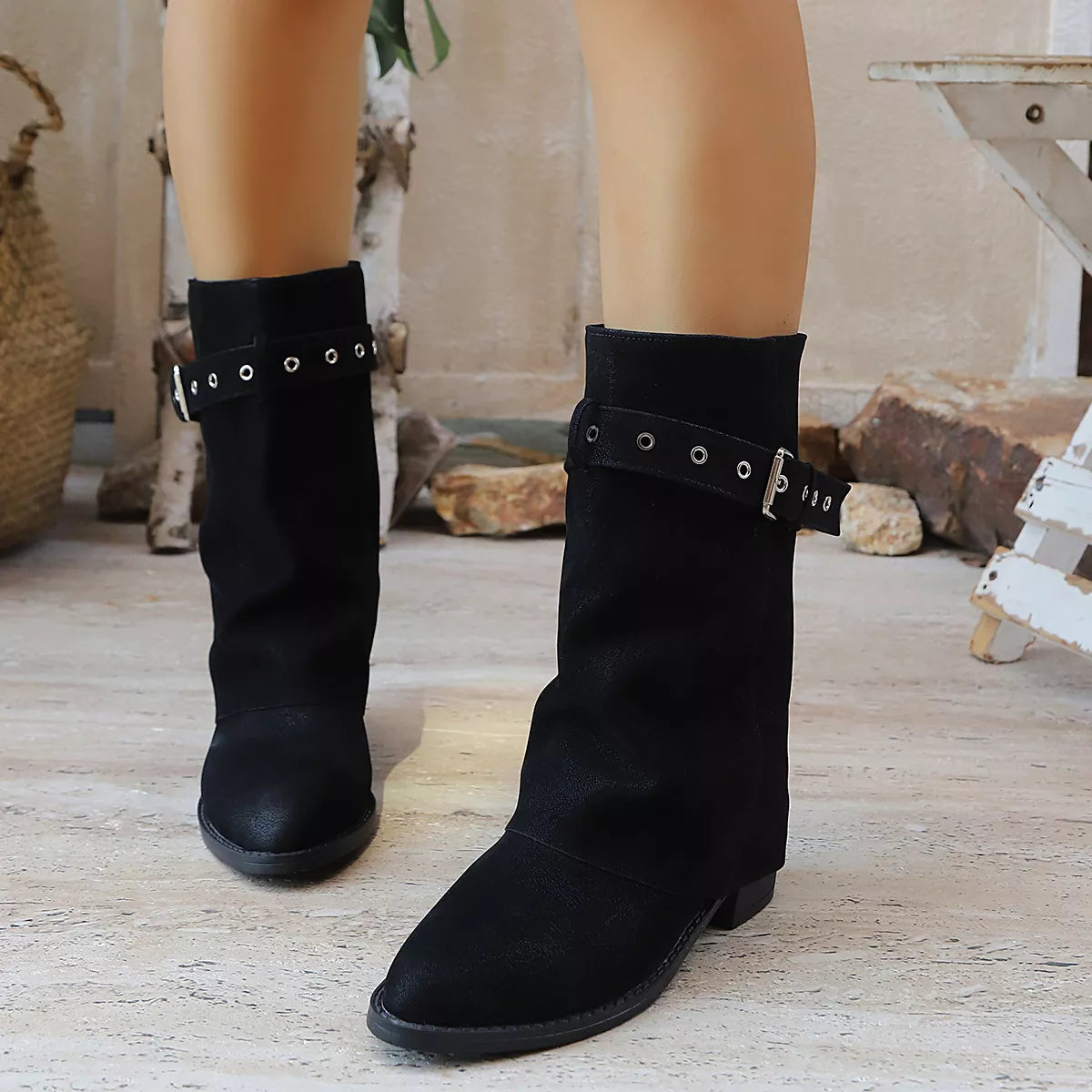 Point Toe Block Heels Boots