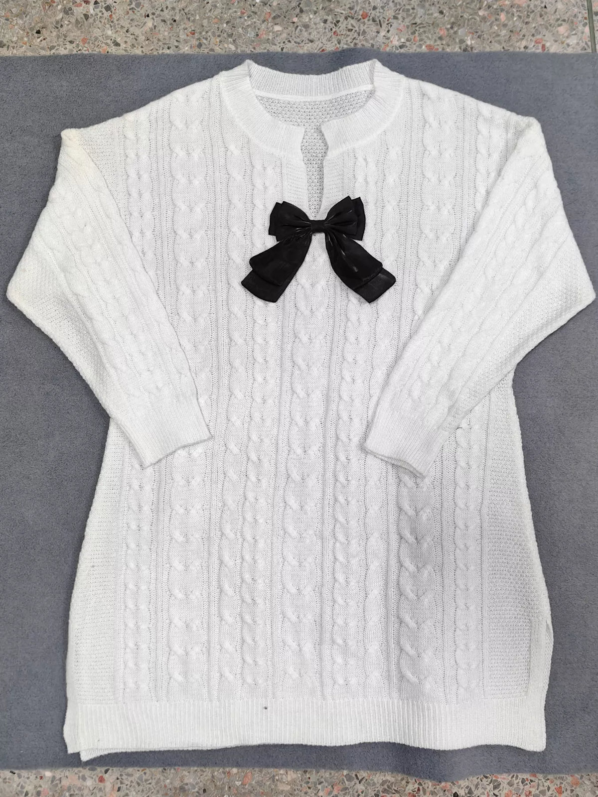 Plus Size Cable Knit Sweater Dress with Contrast Bow Detail