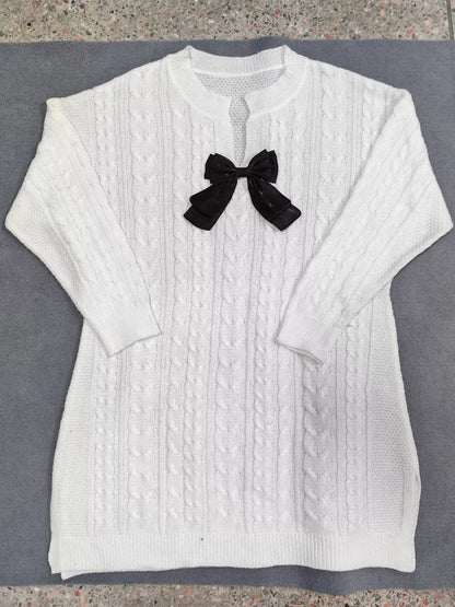 Plus Size Cable Knit Sweater Dress with Contrast Bow Detail