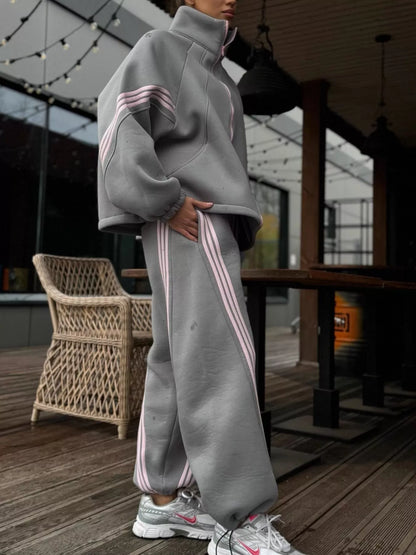 Contrast Striped Zip Up Top and Pants Set