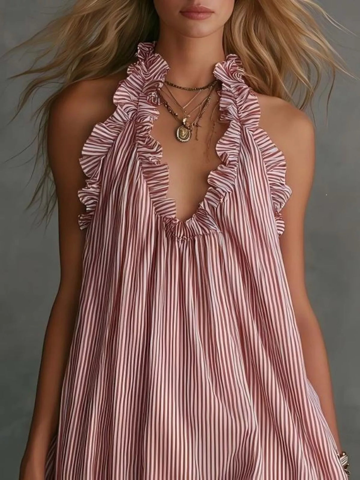 Full Size Ruffled Trim Halter Neck Mini Dress Plus Size