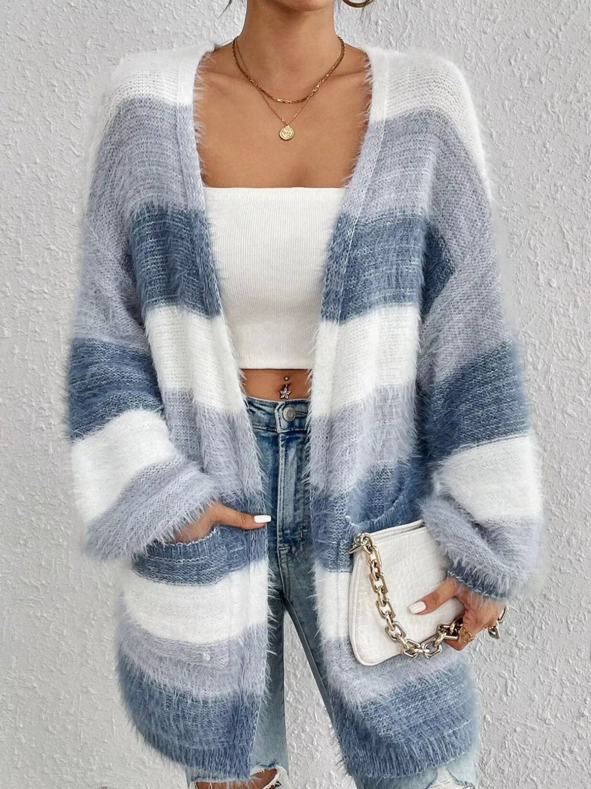 Light blue striped open-front oversized cardigan