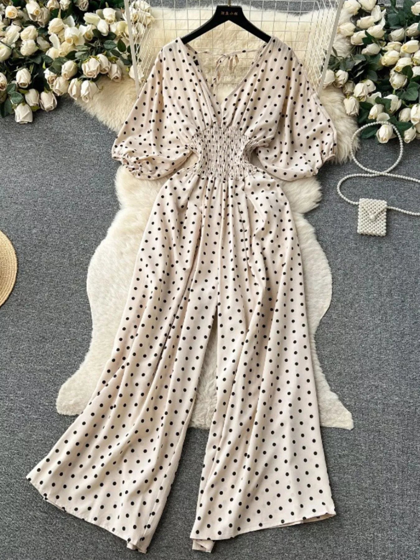 Smocked V-Neck Wide Leg Jumpsuit