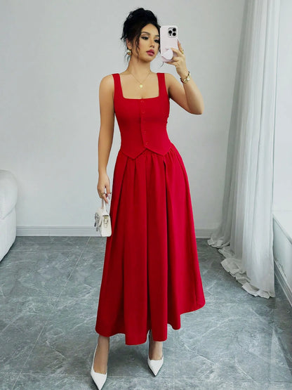 Square Neck Wide Strap Midi Dress