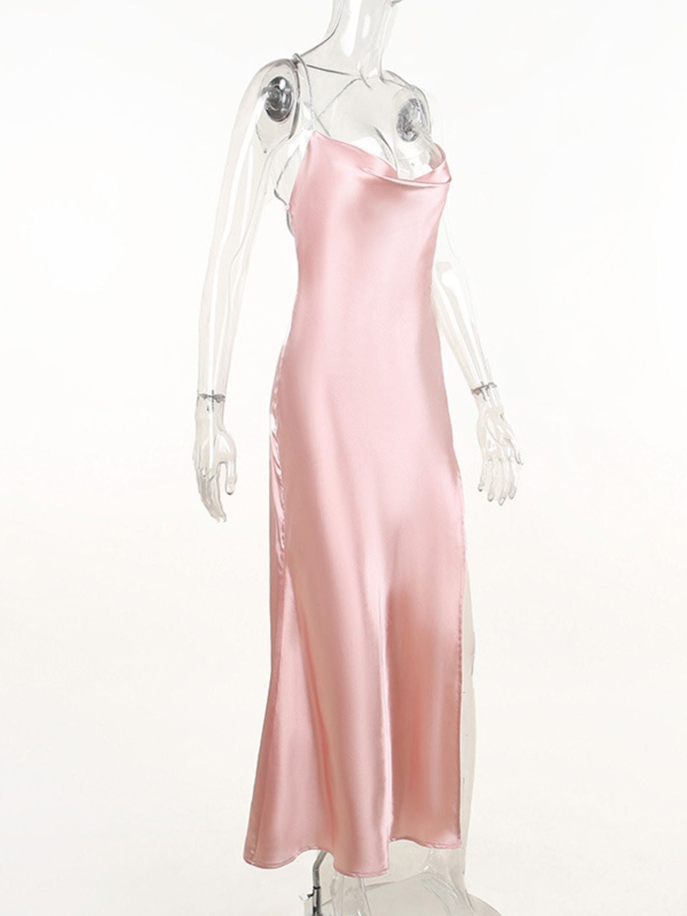 Slinky Satin Cowl Neck High Slit Dress with Back Lace Up