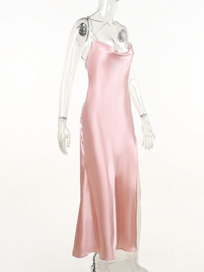Slinky Satin Cowl Neck High Slit Dress with Back Lace Up