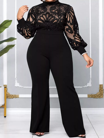 Plus Size Lace Lantern Sleeve Flare Jumpsuit