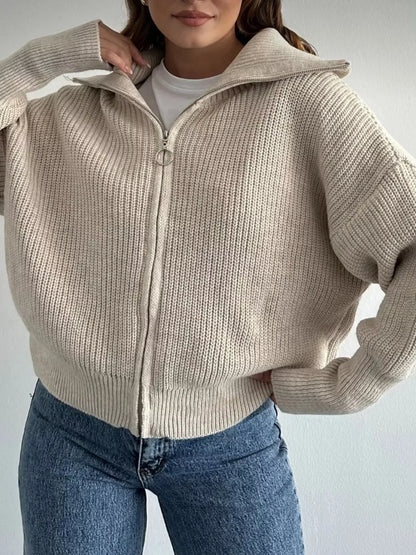 Zip Up Dropped Shoulder Cardigan