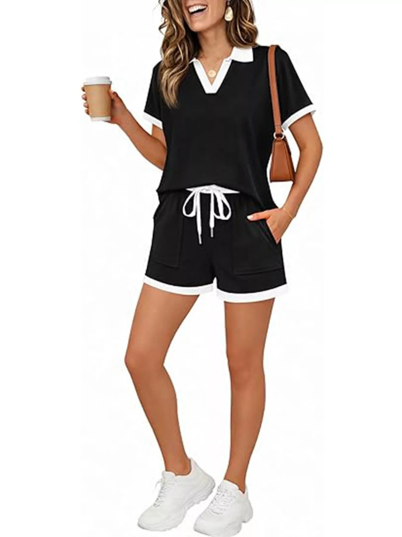 Polo Collar Short Sleeve Top and Shorts Set