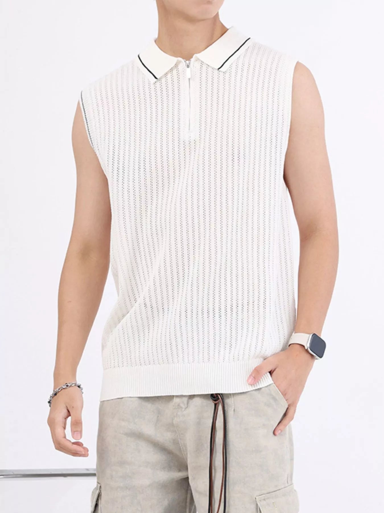 Men's Plus Size Knitted Polo Collar Zip-Up Sleeveless Top