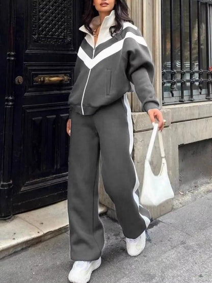 Color Block Zip-Up Outerwear and Pants Set