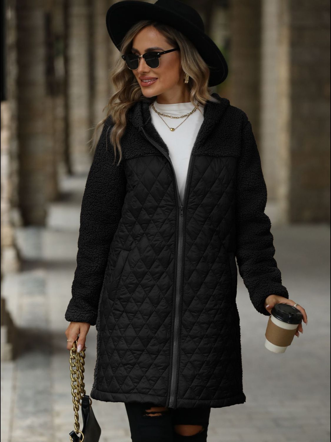 Textured Long Sleeve Hooded Coat