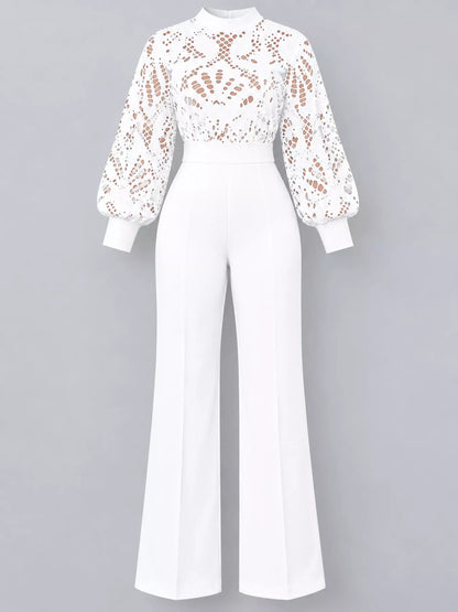 Mid-Waist Lace Flare Jumpsuit in Black, White, Blue or Red