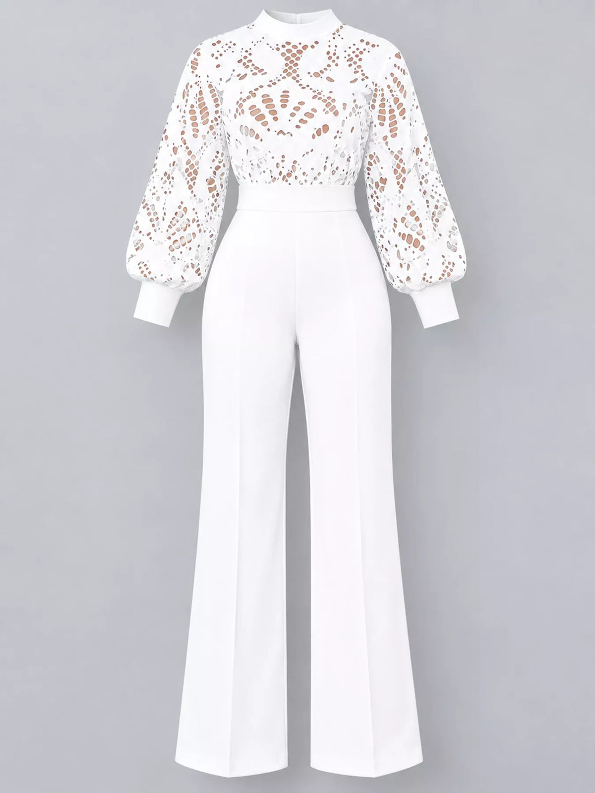 Plus Size Lace Lantern Sleeve Flare Jumpsuit