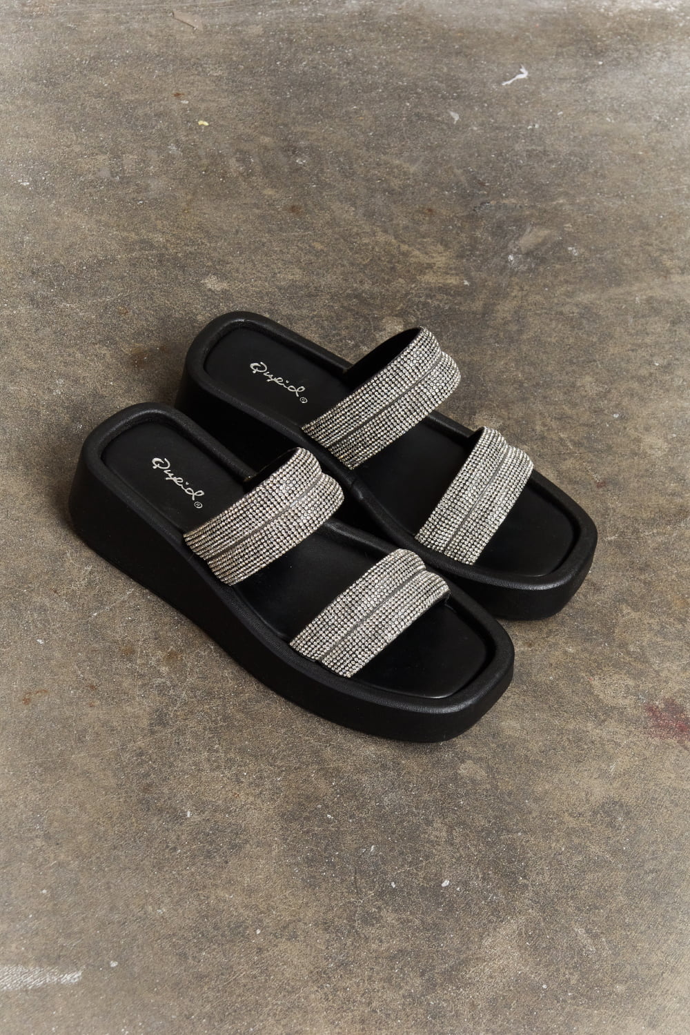 Black rhinestone wedge mules, view 5