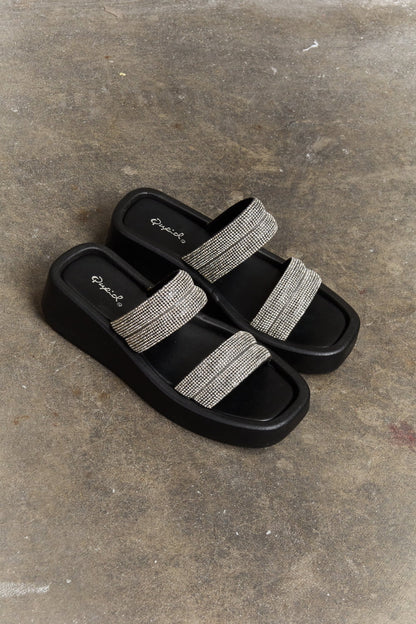 Black rhinestone wedge mules, view 5