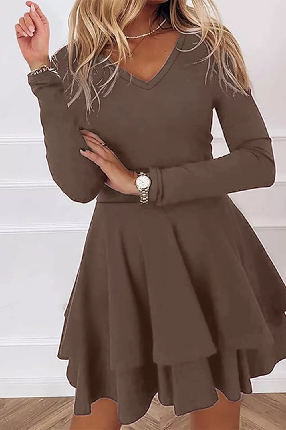 Layered Long Sleeve V-Neck Mini Dress