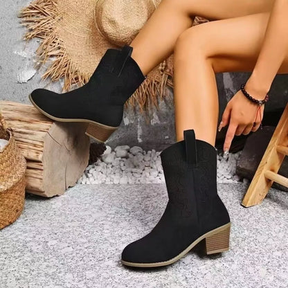 Low block heel suede boots in black or beige