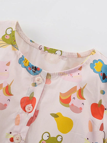 Children's Cartoon Print Button-Front Dress with Pockets