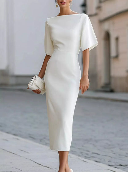 Half Sleeve Boat Neck Midi Dress