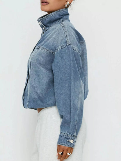 Washed Stand-Up Collar Denim Jacket