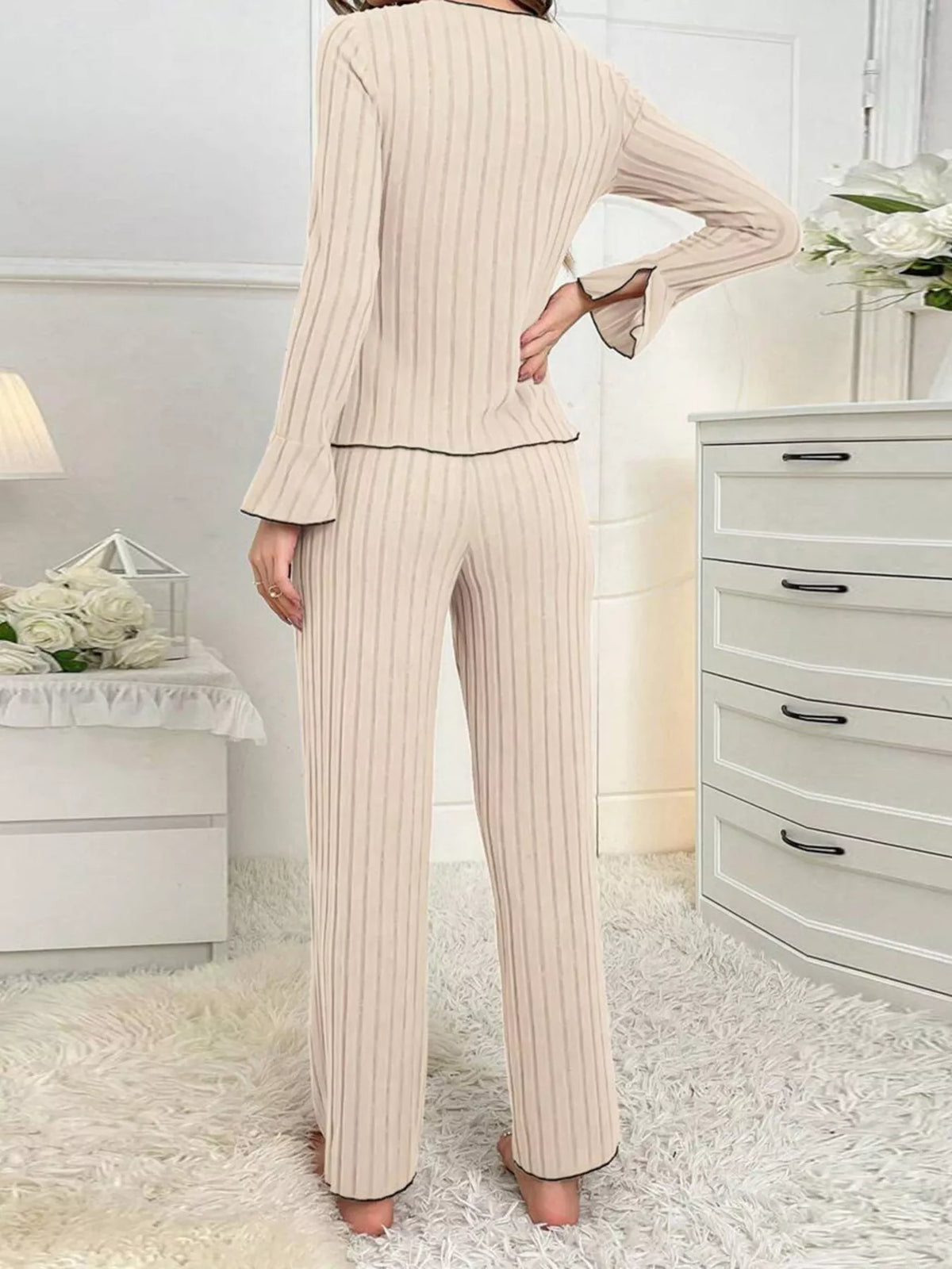 Contrast Bow Detail Top and Pants Lounge Set