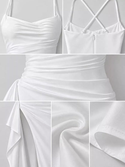 Satin ruched high-slit maxi dress, view 4