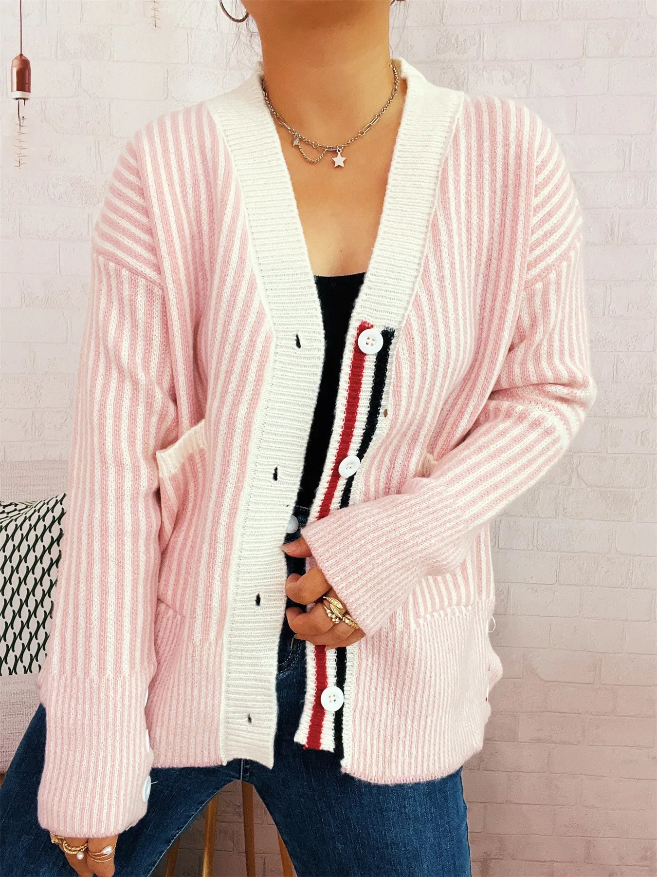 Striped Cardigan with Contrast Trim