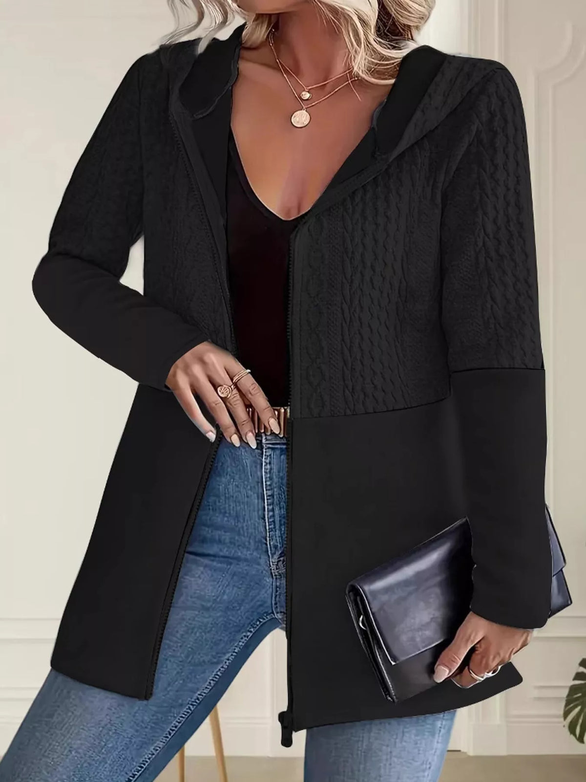 Cable knit hooded jacket, view 6