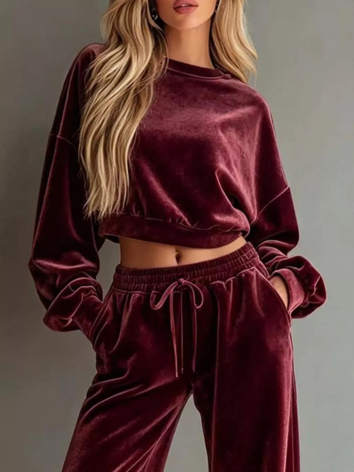 Cropped Drawstring Sweatshirt Lounge Set, S to 3XL