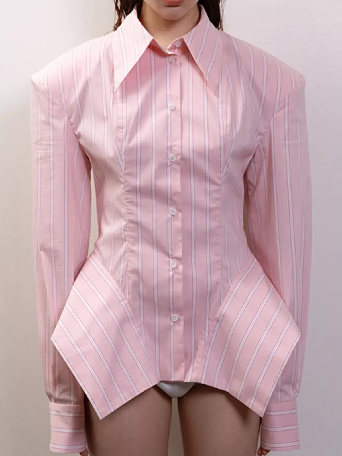Plus size striped bodycon button-up shirt for work
