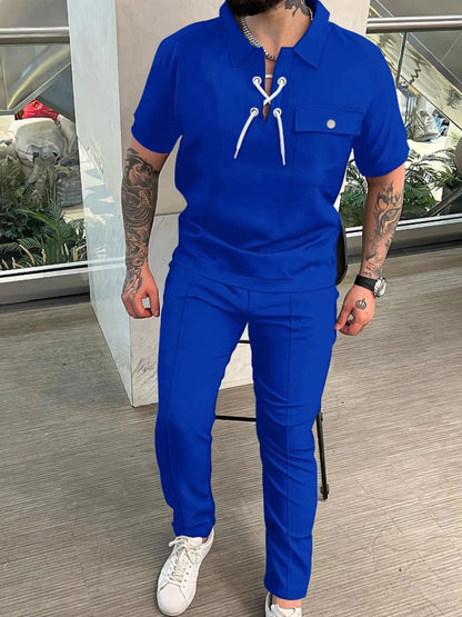Men'sLace Up Short Sleeve Top and Pants