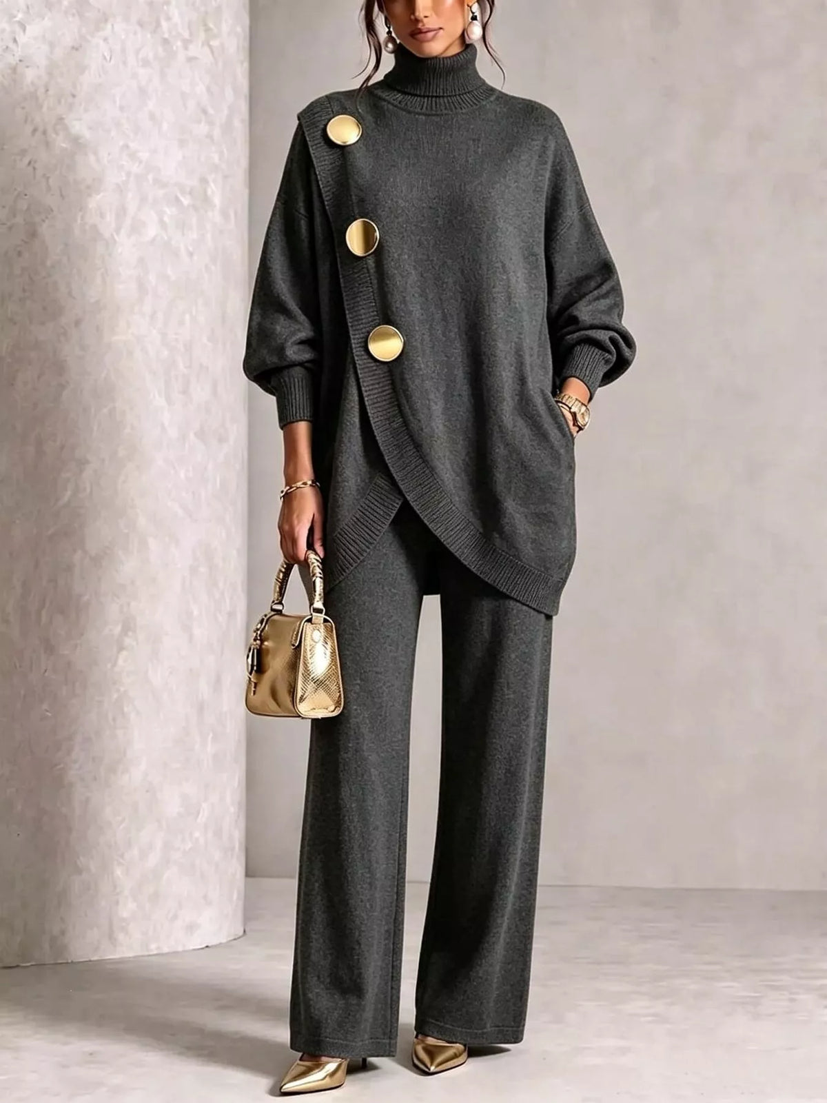 Turtleneck asymmetric sweater and pants set, view 8