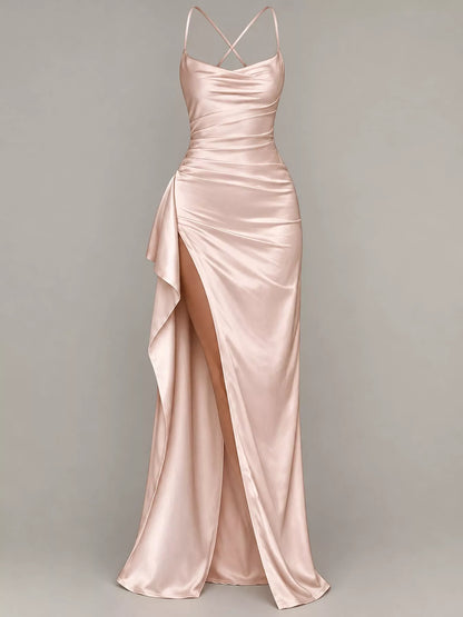Satin Ruched High-Slit Maxi Dress
